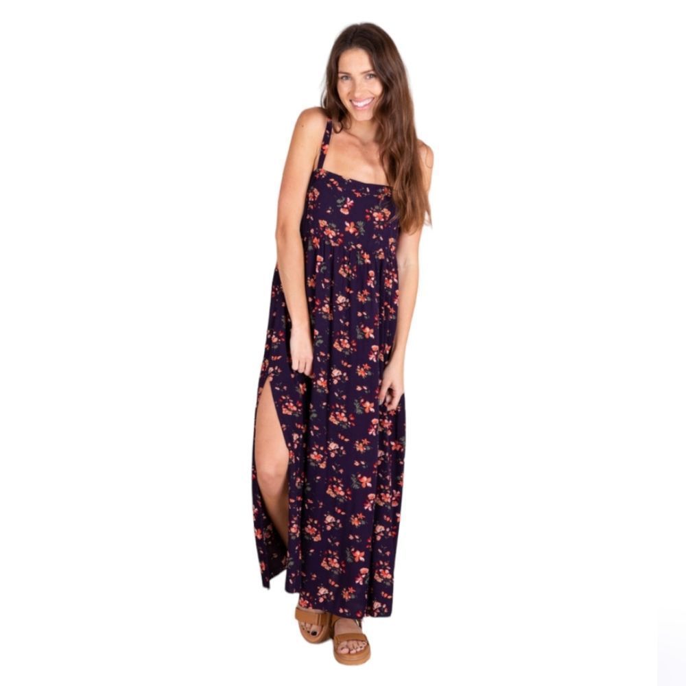 Natural Life NWT Patti Maxi Dress with Side Slit sz XS | S in Dark Purple Floral